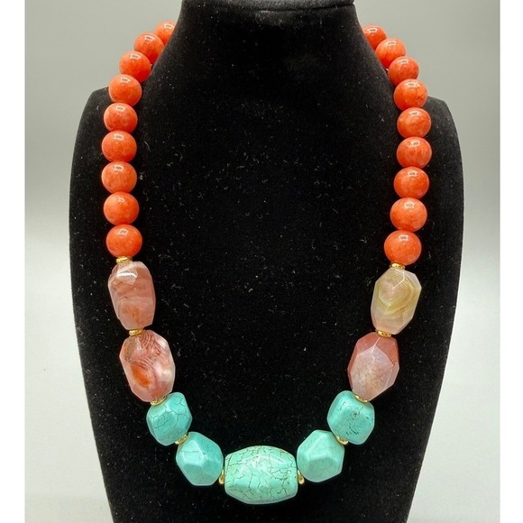 Jewelry - Beaded Necklace‎ 18" Apricot Agate Turquoise Dyed Howlite Colorful Stones Heavy